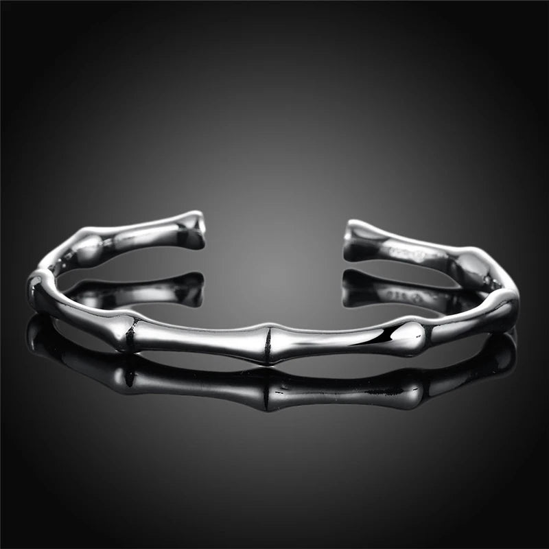 925 Sterling Silver Bamboo Joint Opening Women Wedding Engagement Party Fashion Cuff Bracelet Bangles