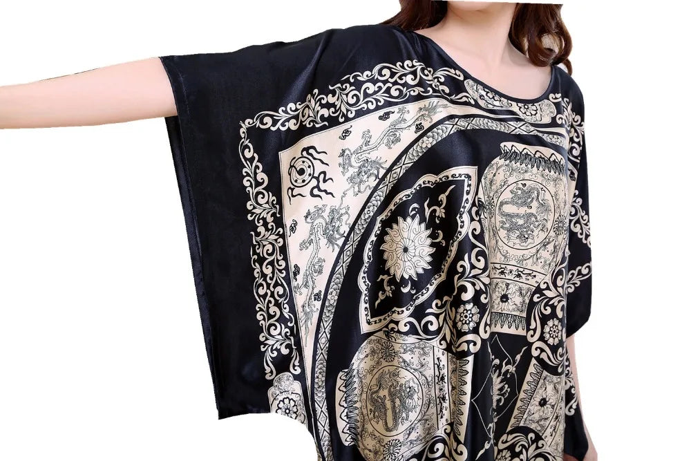 Plus Size Women Nightgown Printed Loose Sleepwear Nightwear Robe Bath Gown