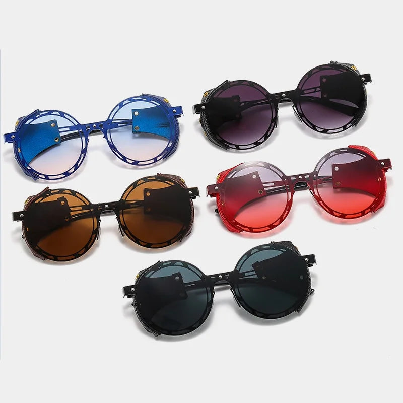 Oversized Men Women Vintage Designer Punk Metal Shades Round Steampunk Leather Eyeglasses UV400 Sunglasses