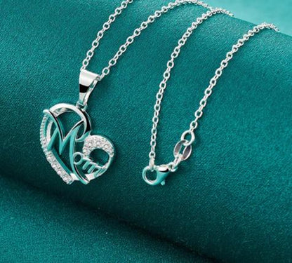 925 Sterling Silver 18-30Inches Chain Zircon Mom Heart Woman Wedding Party Charm Pendant Necklace