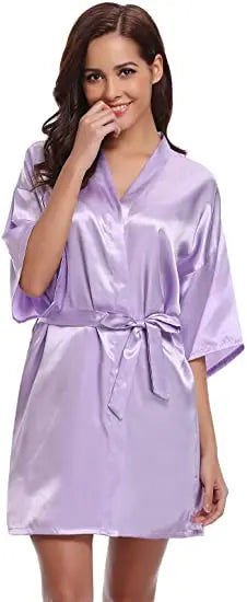 Women Nightgown Solid Color Kimono Bathrobe Satin Wedding Bridal Sleepwear