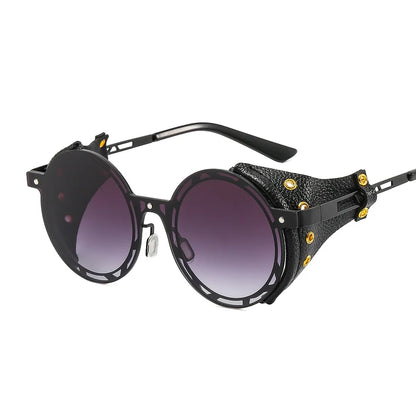 Oversized Men Women Vintage Designer Punk Metal Shades Round Steampunk Leather Eyeglasses UV400 Sunglasses