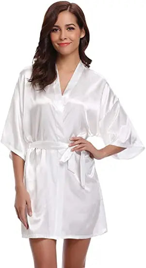 Women Nightgown Solid Color Kimono Bathrobe Satin Wedding Bridal Sleepwear