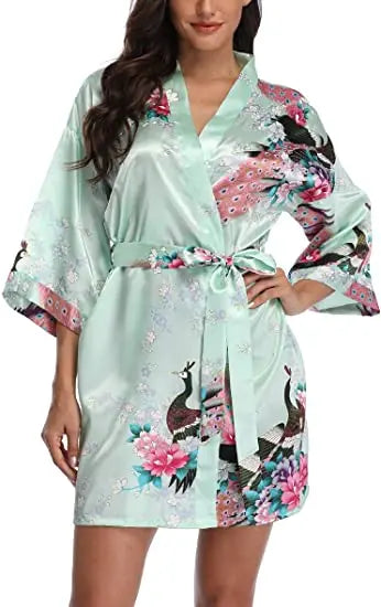 Women Satin Print Bathrobe Short Long Kimono Wedding Bridesmaids Robe Night Gown Dress