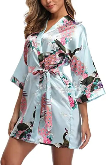 Women Satin Print Bathrobe Short Long Kimono Wedding Bridesmaids Robe Night Gown Dress