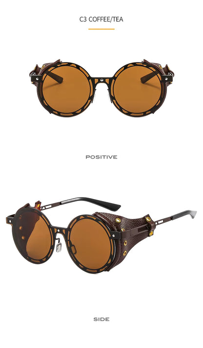 Oversized Men Women Vintage Designer Punk Metal Shades Round Steampunk Leather Eyeglasses UV400 Sunglasses