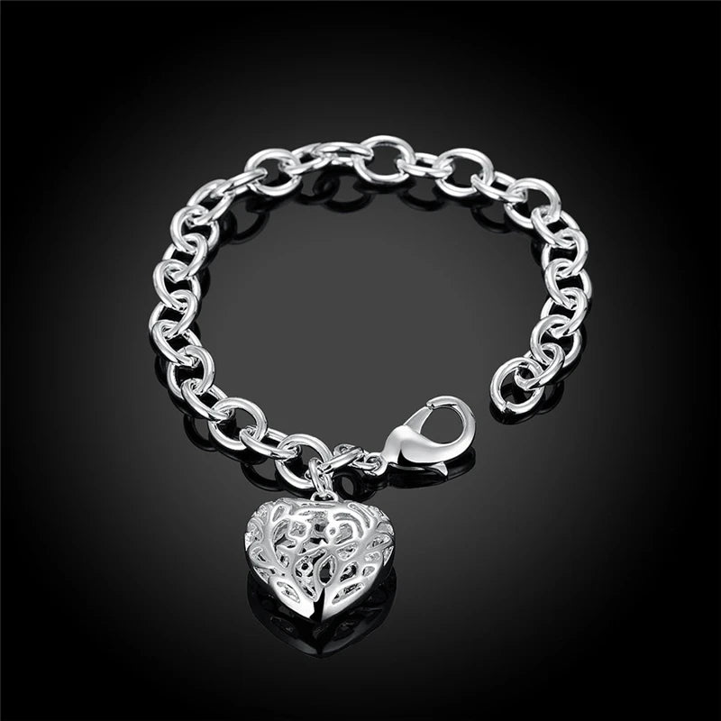 925 Sterling Silver Hollow Heart Woman Wedding Engagement Fashion Party Charm Pendant Bracelet