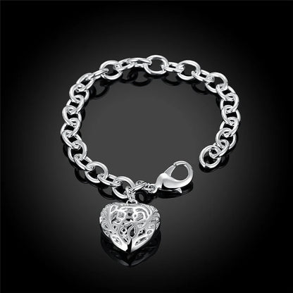 925 Sterling Silver Hollow Heart Woman Wedding Engagement Fashion Party Charm Pendant Bracelet
