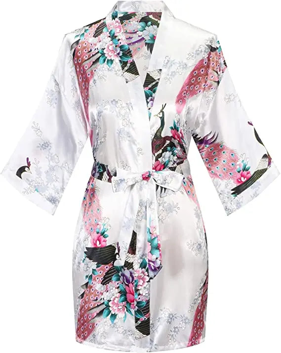 Women Satin Print Bathrobe Short Long Kimono Wedding Bridesmaids Robe Night Gown Dress