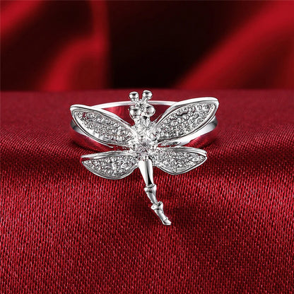 925 Sterling Silver Dragonfly Women Wedding Engagement Fashion Charm Ring