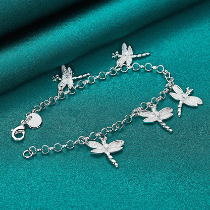 925 Sterling Silver Five Dragonfly Zircon Women Wedding Engagement Party Pendant Bracelet Chain