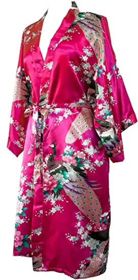 Satin Women Wedding Bridesmaids Crane Print Bathrobe Short Long Kimono Night Gown