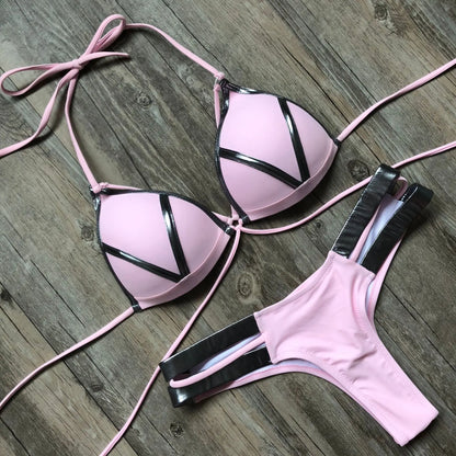 Women Gold Stamping Padded Swimsuit Push Up Bikini Swimwear Beachwear Brazil Bathing Suit