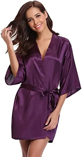 Women Nightgown Solid Color Kimono Bathrobe Satin Wedding Bridal Sleepwear
