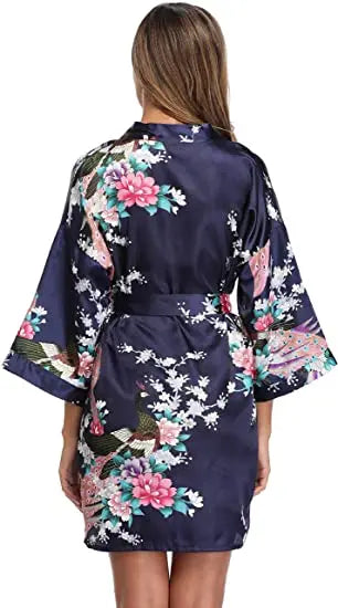 Women Satin Print Bathrobe Short Long Kimono Wedding Bridesmaids Robe Night Gown Dress