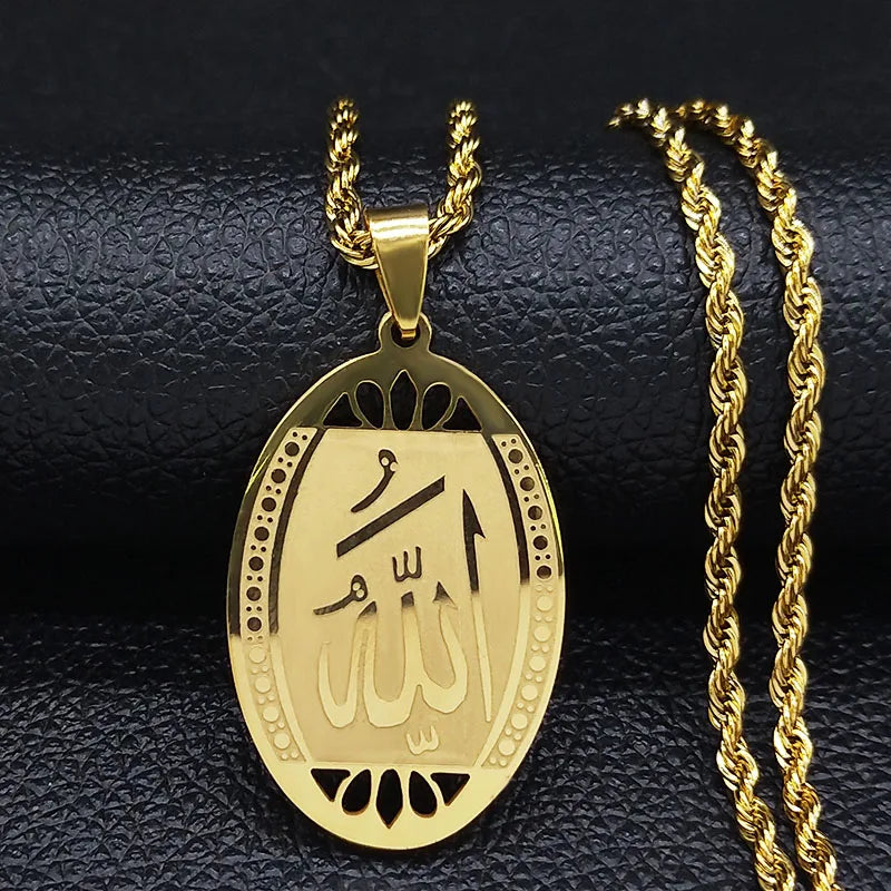 Men Gold Color Stainless Steel Statement Muslim Islamic Quran Allah Chain Necklace