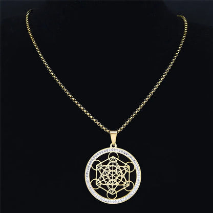 Women Metatron Sacred Geometry Symbol Flower of Life Stainless Steel Crystal Pendant Necklace