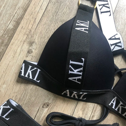 Sexy Letter prints Push up Bandage Black Swimwear Swimming bathing suit