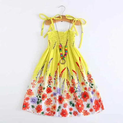 Kids Girls Floral Sling Ruffles Bohemian Beach Princess Birthday Party Dress w/ Necklace