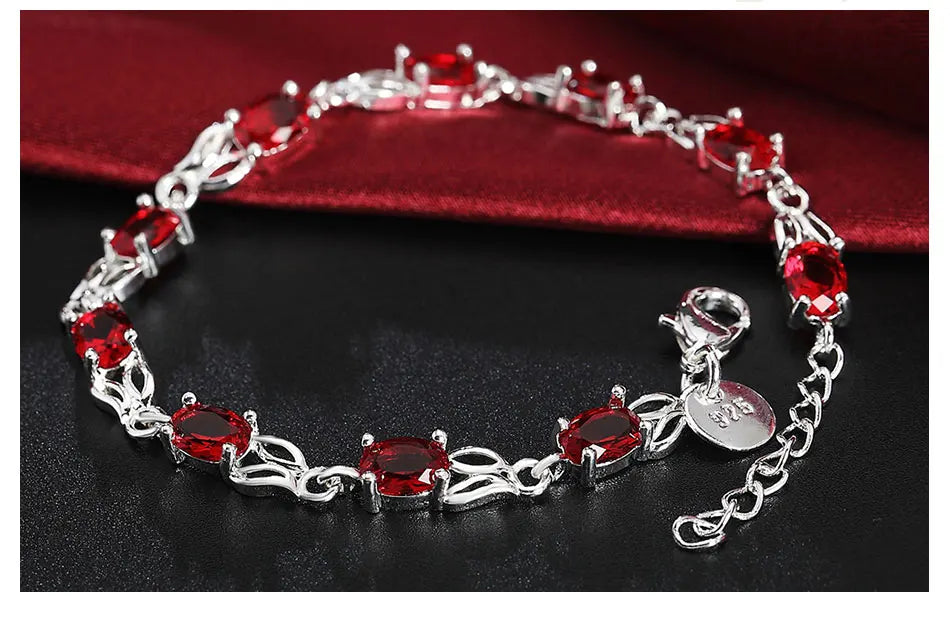 925 Sterling Silver Charm Red Zircon Women Wedding Engagement Party Fashion Bracelet