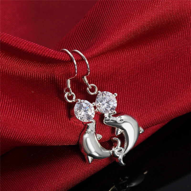 925 Sterling Silver Dolphin Zircon Women Wedding Engagement Party Drops Earrings