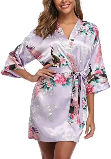 Women Satin Print Bathrobe Short Long Kimono Wedding Bridesmaids Robe Night Gown Dress