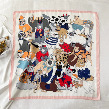 Women Fashion Silk Satin Cats Pets Printed Wrap Scarf Bandana Scarves