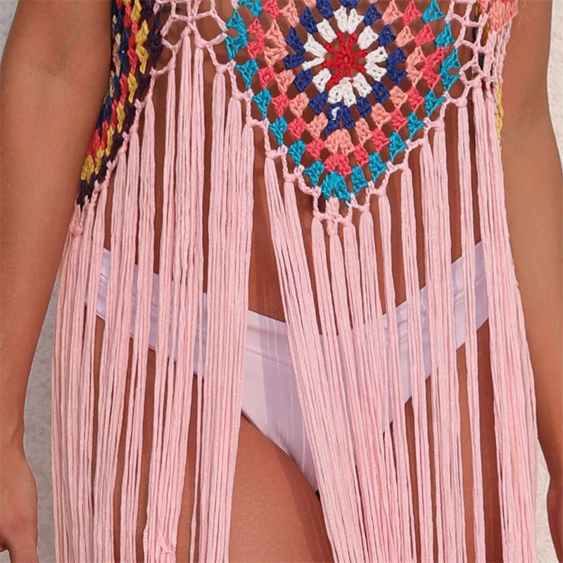 Women Long Tassel Beach Crochet Hollow Out Fringe Bikini Cover Up Bathing Suit Coverups Bodycon Knitted Dress