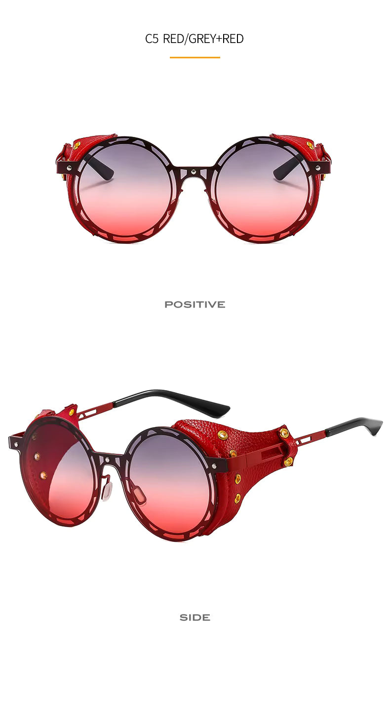 Oversized Men Women Vintage Designer Punk Metal Shades Round Steampunk Leather Eyeglasses UV400 Sunglasses