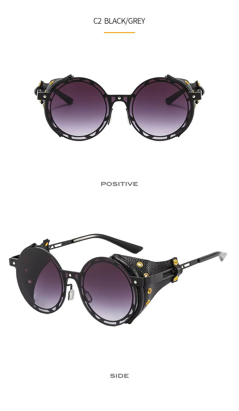 Oversized Men Women Vintage Designer Punk Metal Shades Round Steampunk Leather Eyeglasses UV400 Sunglasses