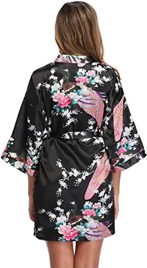 Women Satin Print Bathrobe Short Long Kimono Wedding Bridesmaids Robe Night Gown Dress