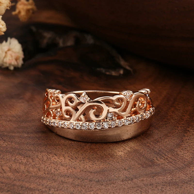 Women Luxury 585 Rose Gold Color Crown Vintage Ethnic Bride Wedding Natural Zircon Rings