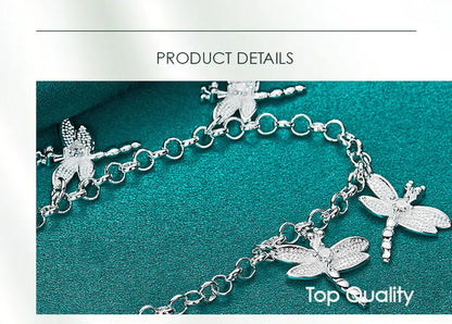 925 Sterling Silver Five Dragonfly Zircon Women Wedding Engagement Party Pendant Bracelet Chain
