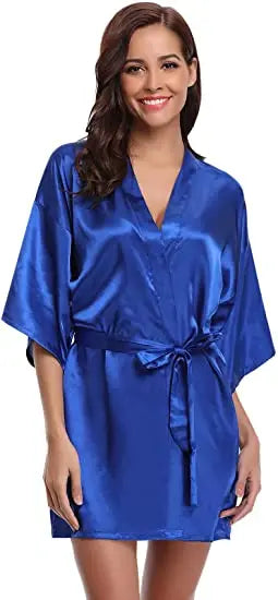 Women Nightgown Solid Color Kimono Bathrobe Satin Wedding Bridal Sleepwear