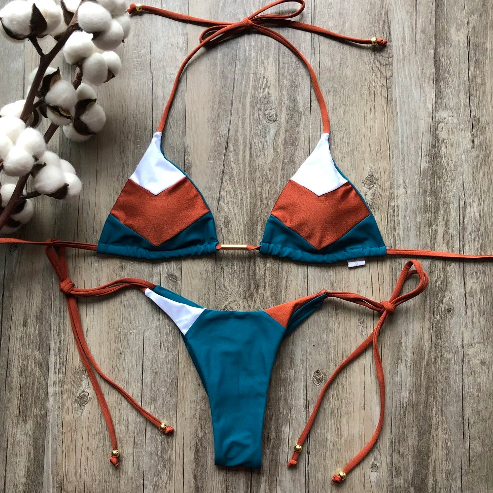 Sexy Halter Thong Micro Push Up Brazilian Bikini Tropical Plant Print Swimwear String Mini Swimsuit