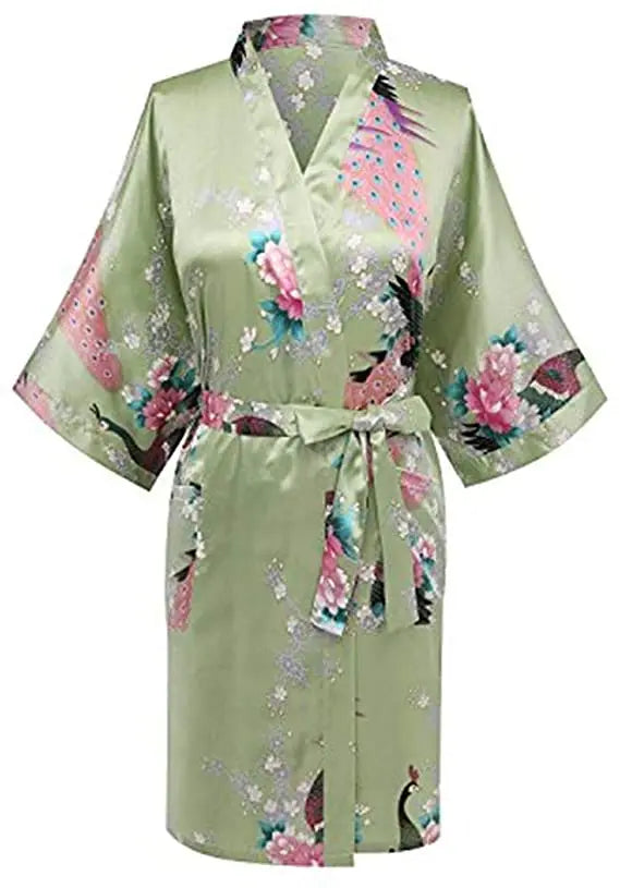 Women Satin Print Bathrobe Short Long Kimono Wedding Bridesmaids Robe Night Gown Dress