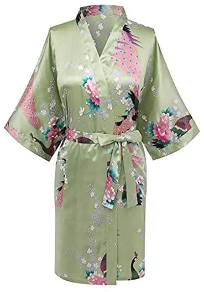Women Satin Print Bathrobe Short Long Kimono Wedding Bridesmaids Robe Night Gown Dress