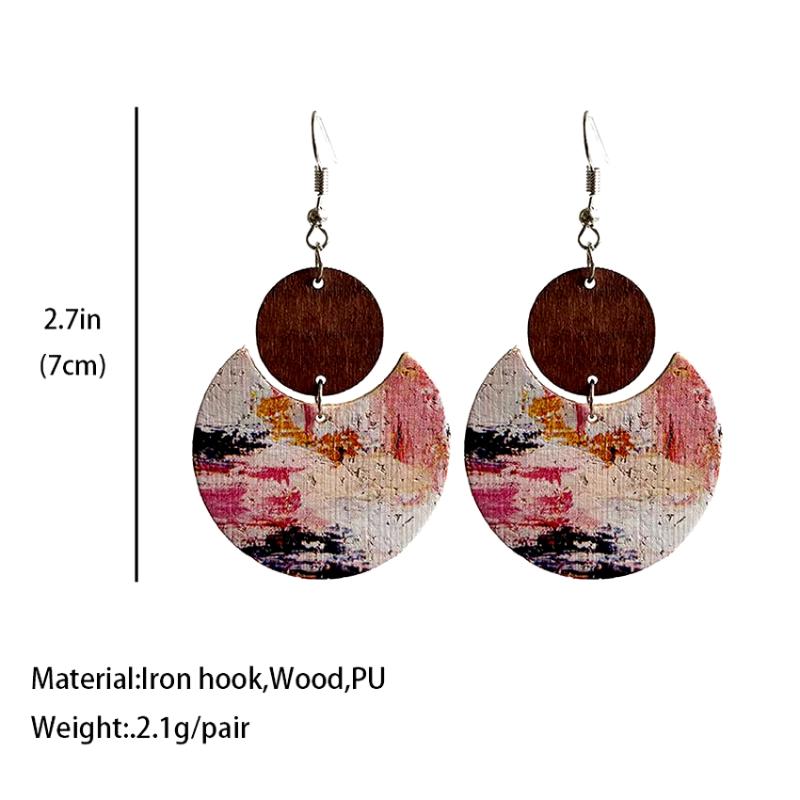 Women Polychrome Cork Circle Colorful Crescent Moon Wood Disc Earrings