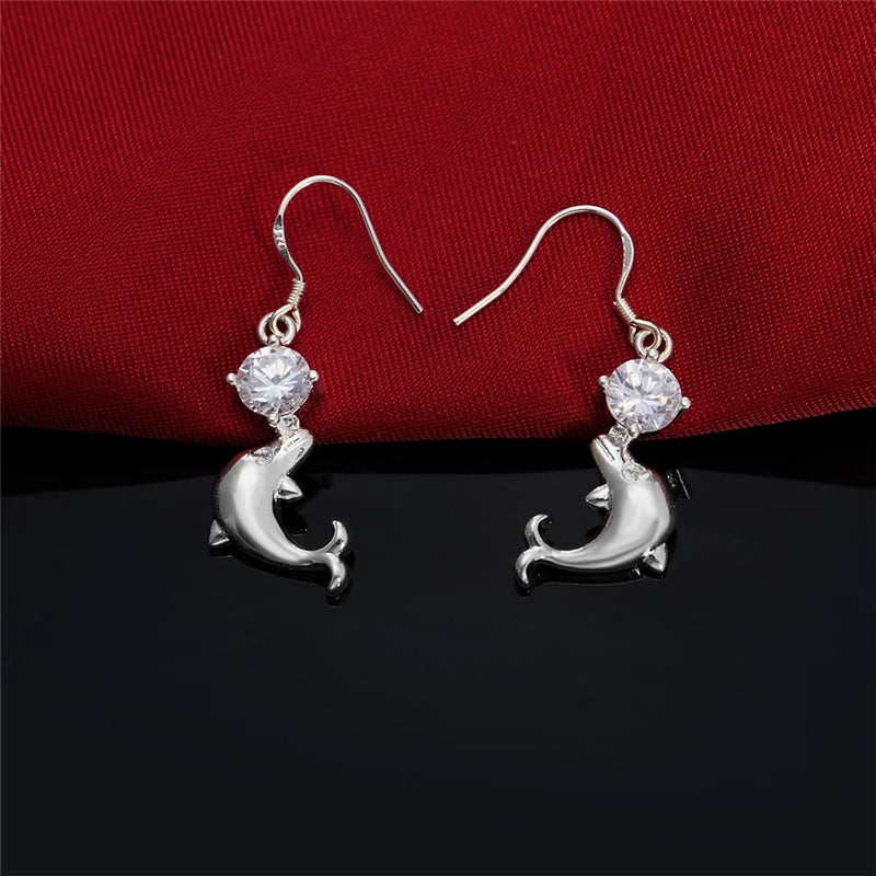 925 Sterling Silver Dolphin Zircon Women Wedding Engagement Party Drops Earrings