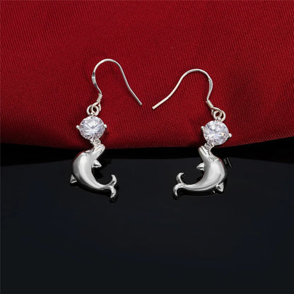 925 Sterling Silver Dolphin Zircon Women Wedding Engagement Party Drops Earrings