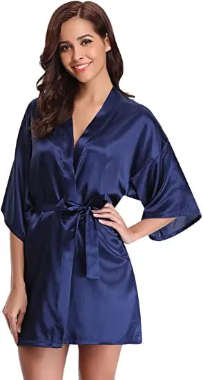 Women Nightgown Solid Color Kimono Bathrobe Satin Wedding Bridal Sleepwear