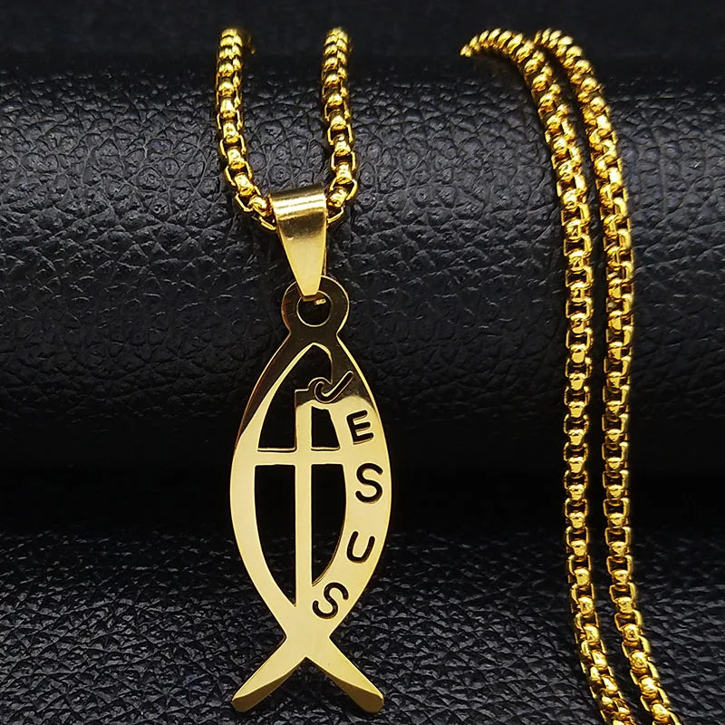 Women Men Stainless Steel Gold Color Christian Jesus Fish Cross Pendant Necklace