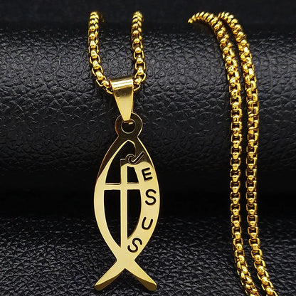 Women Men Stainless Steel Gold Color Christian Jesus Fish Cross Pendant Necklace