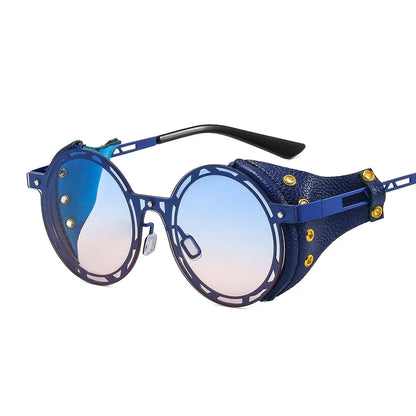 Oversized Men Women Vintage Designer Punk Metal Shades Round Steampunk Leather Eyeglasses UV400 Sunglasses