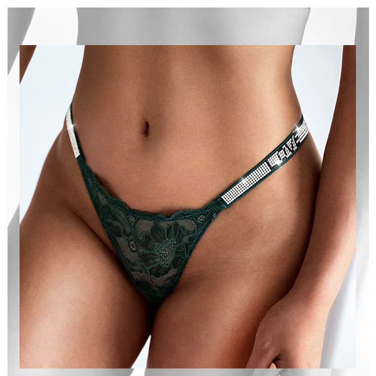 Women Lace Seamless Underwear Rhinestone G-String Thong Low Rise Panties Briefs