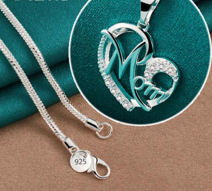 925 Sterling Silver 18-30Inches Chain Zircon Mom Heart Woman Wedding Party Charm Pendant Necklace