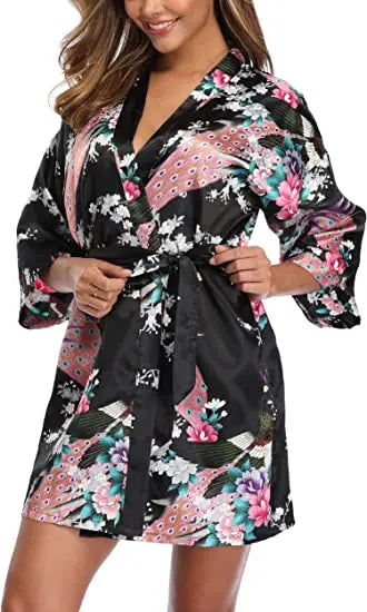 Women Satin Print Bathrobe Short Long Kimono Wedding Bridesmaids Robe Night Gown Dress