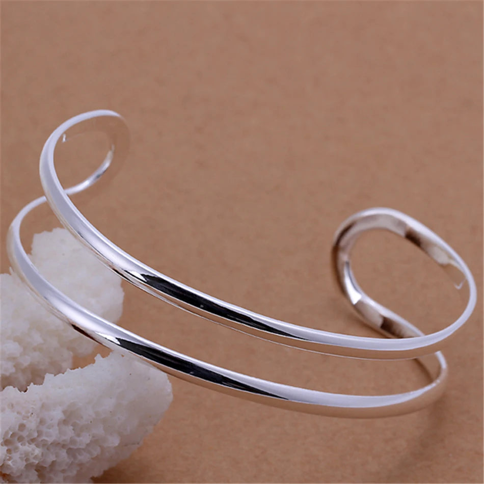 925 Sterling Silver Double Circle Line Woman Wedding Engagement Fashion Charm Party Bangle Bracelet