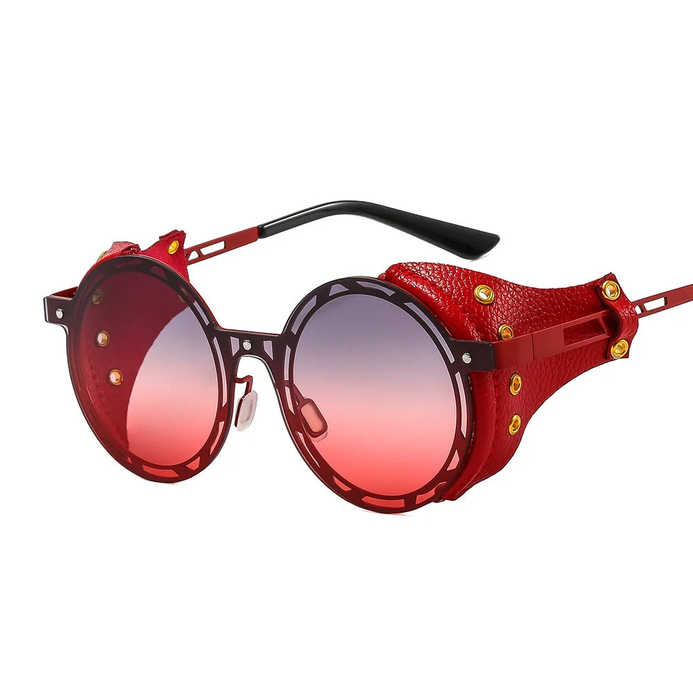 Oversized Men Women Vintage Designer Punk Metal Shades Round Steampunk Leather Eyeglasses UV400 Sunglasses