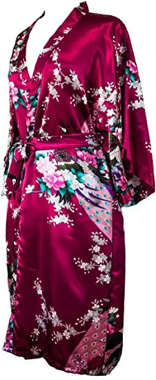 Satin Women Wedding Bridesmaids Crane Print Bathrobe Short Long Kimono Night Gown